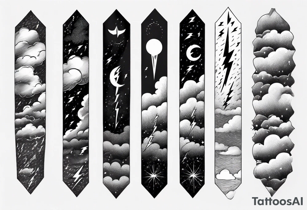 forearm sleeve lightning and clouds pattern tattoo idea
