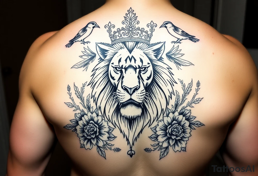 powerful majestic lion with a crown, surrounded by floral ornaments and birds tattoo idea