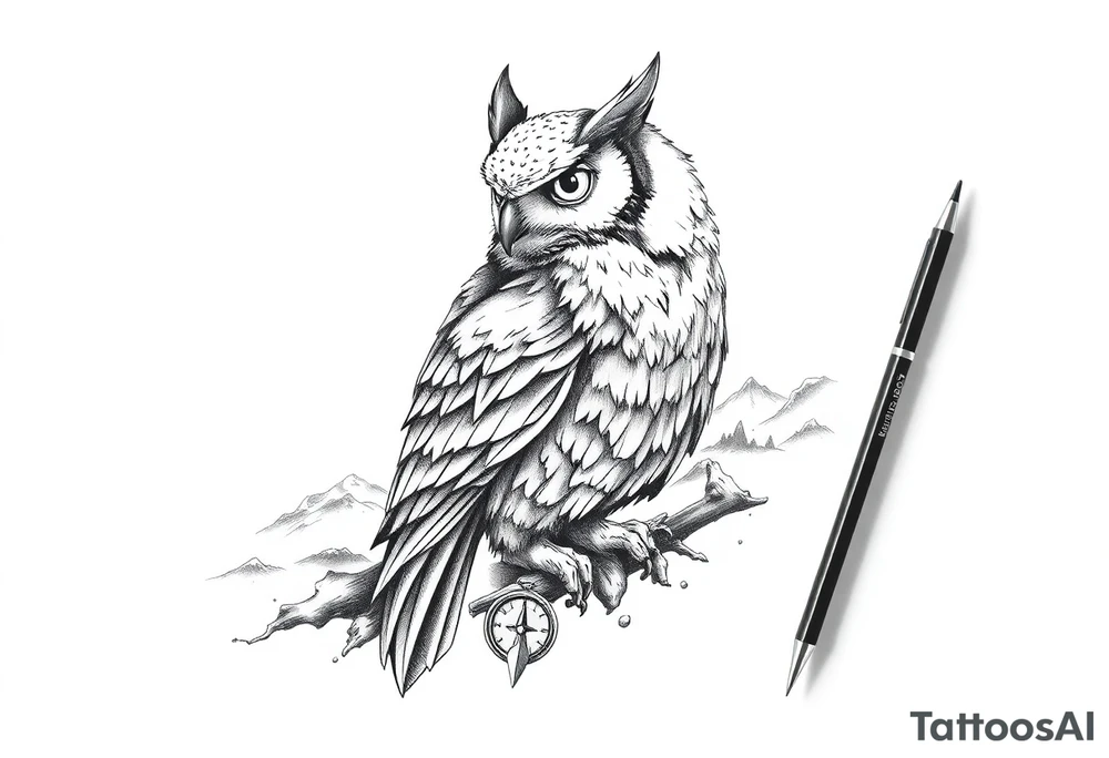 an owl,a compass,landscape. tattoo idea