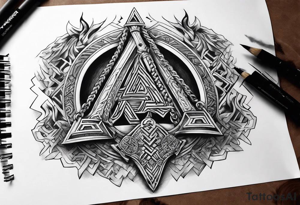Valhalla sword round axe Valknut steps fire chains tattoo idea Valhalla sword round axe Valknut steps fire chains tattoo idea