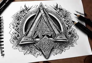 Valhalla sword round  axe Valknut steps fire chains tattoo idea