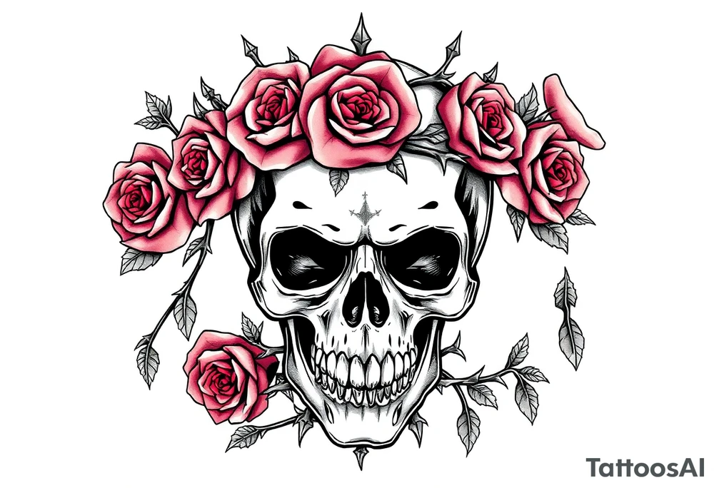 ornate skull adorned with crown of wild roses and thorns tattoo idea
