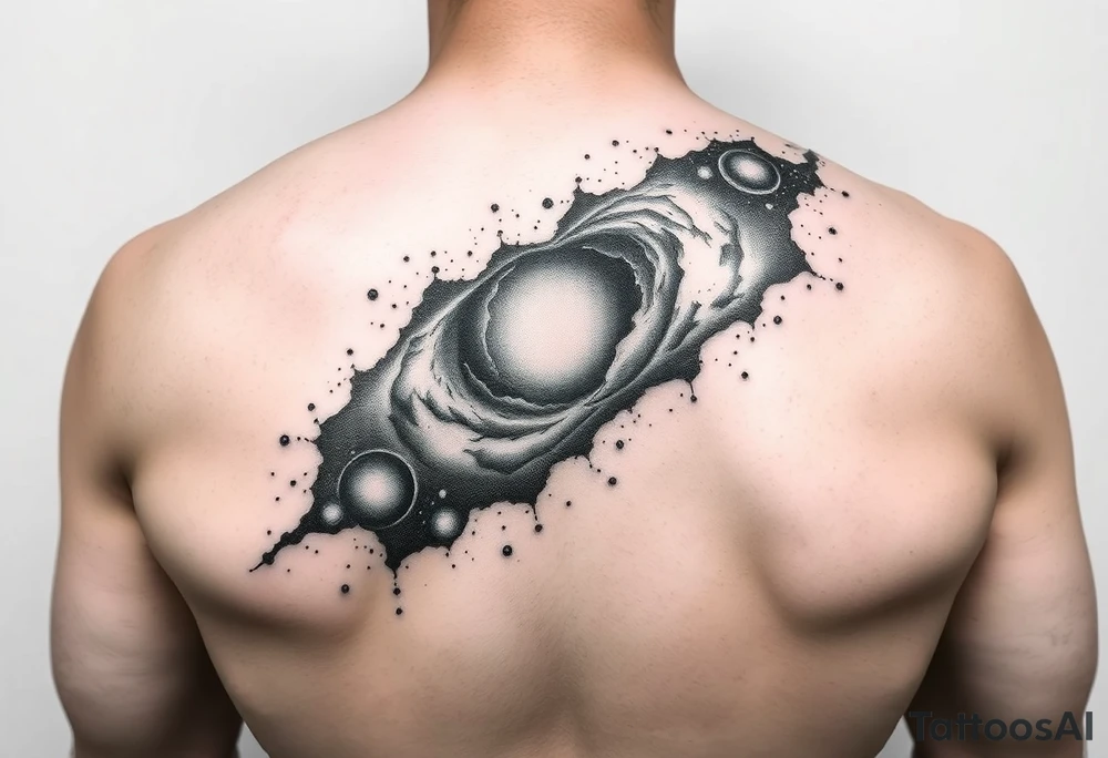 The galaxy using negative spaces that covers the shoulder and migrates down the back tattoo idea