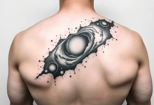 The galaxy using negative spaces that covers the shoulder and migrates down the back tattoo idea