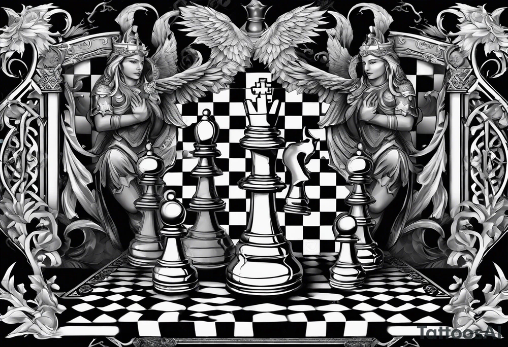 a chessboard with angelic and demonic chess pieces engaged in a strategic game, symbolizing the eternal battle between opposing forces. tattoo idea