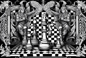 a chessboard with angelic and demonic chess pieces engaged in a strategic game, symbolizing the eternal battle between opposing forces. tattoo idea