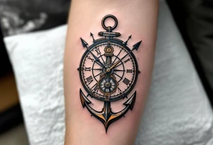 steampunk half compass/clock with a full-length arrow and anchor saying "Isaiah 40:31" tattoo idea