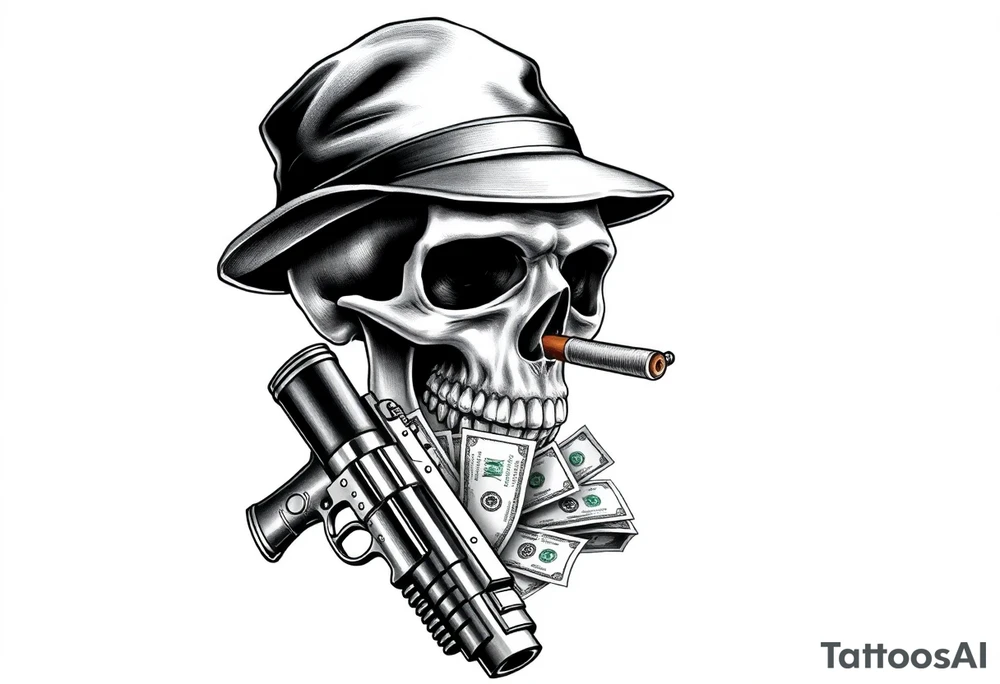 skull with gangster-hat,cigar in his mouth,a machine gun in his hands surrounded by money. tattoo idea