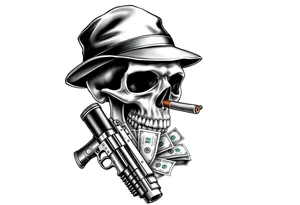skull with gangster-hat,cigar in his mouth,a machine gun in his hands surrounded by money. tattoo idea