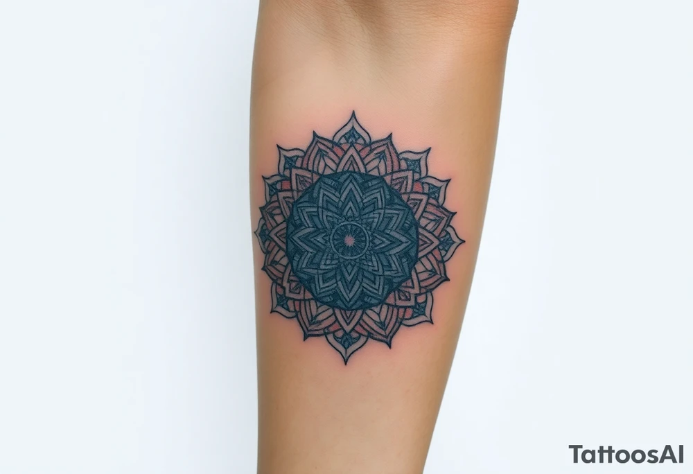 intricate mandala with sacred geometry and cosmic elements and honey combs tattoo idea