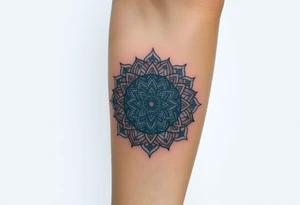intricate mandala with sacred geometry and cosmic elements and honey combs tattoo idea