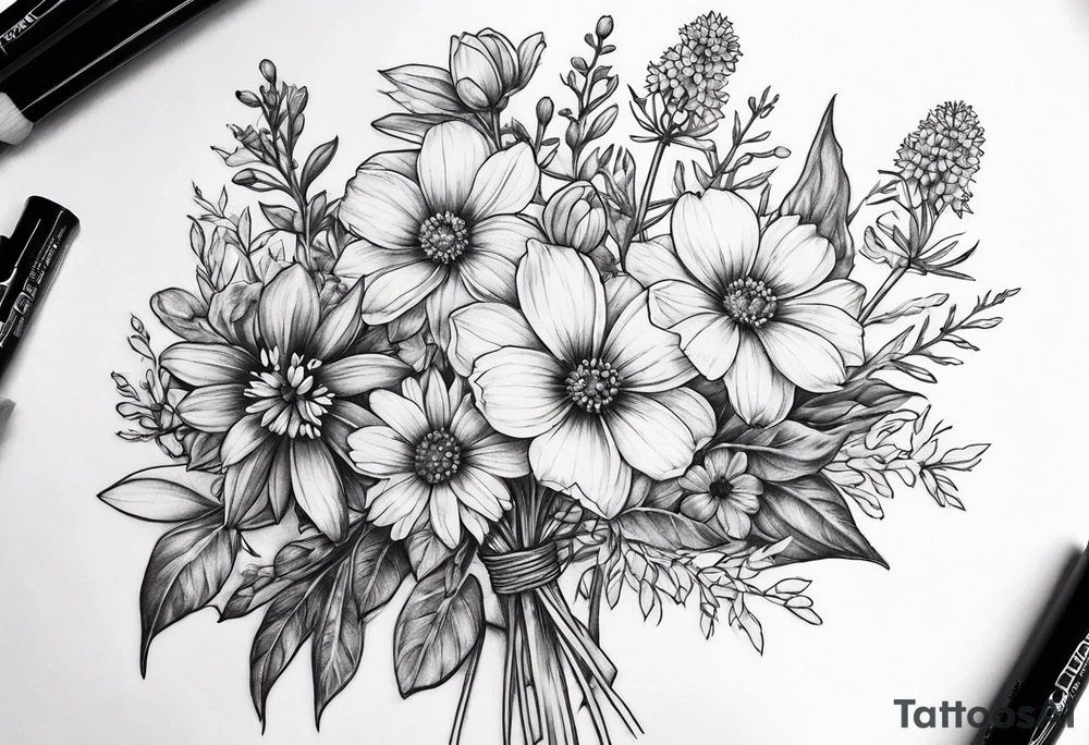 small long stem wildflower bouquet across fott tattoo idea