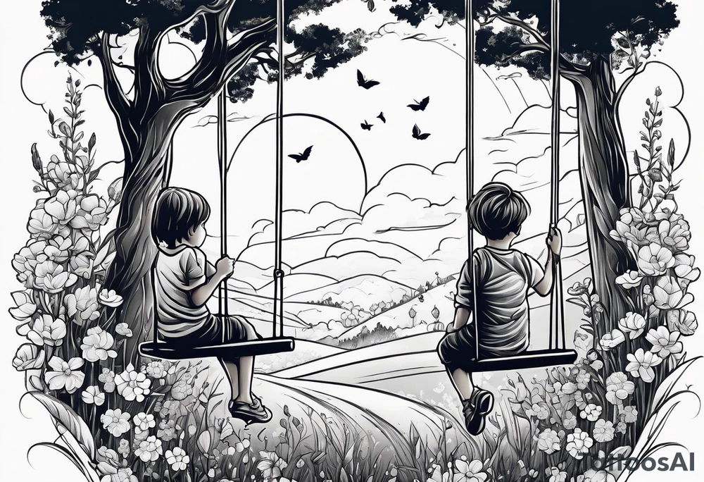 Mom with son and daughter on a swing in the distance in a field of flowers tattoo idea