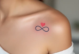 A navy blue infinity figure embracing a glowing coral pink heart at the top. tattoo idea