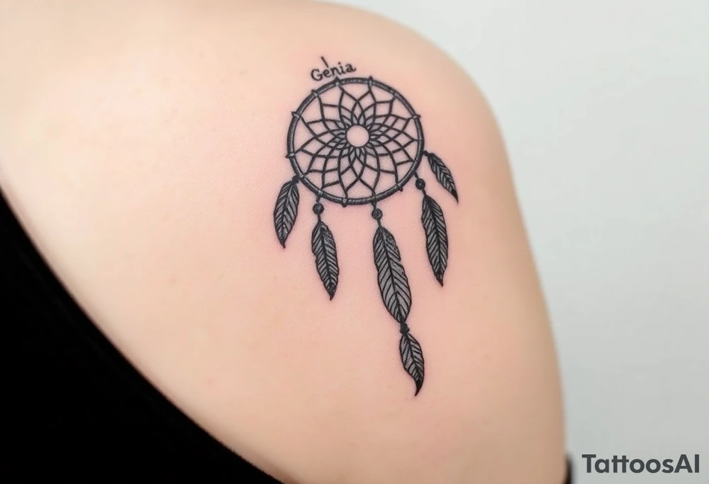 native dreamcatcher with flowing feathers and sacred beads with name Genia in it tattoo idea