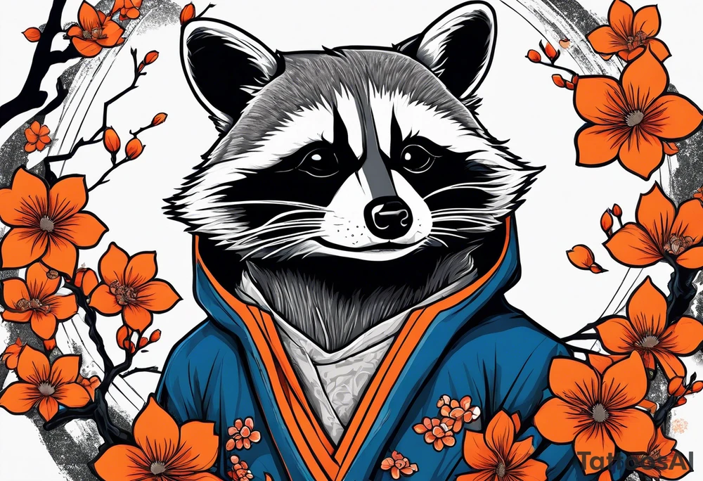 raccoon wearing a black and white Superman hoodie and orange Japanese cherry blossoms tattoo idea