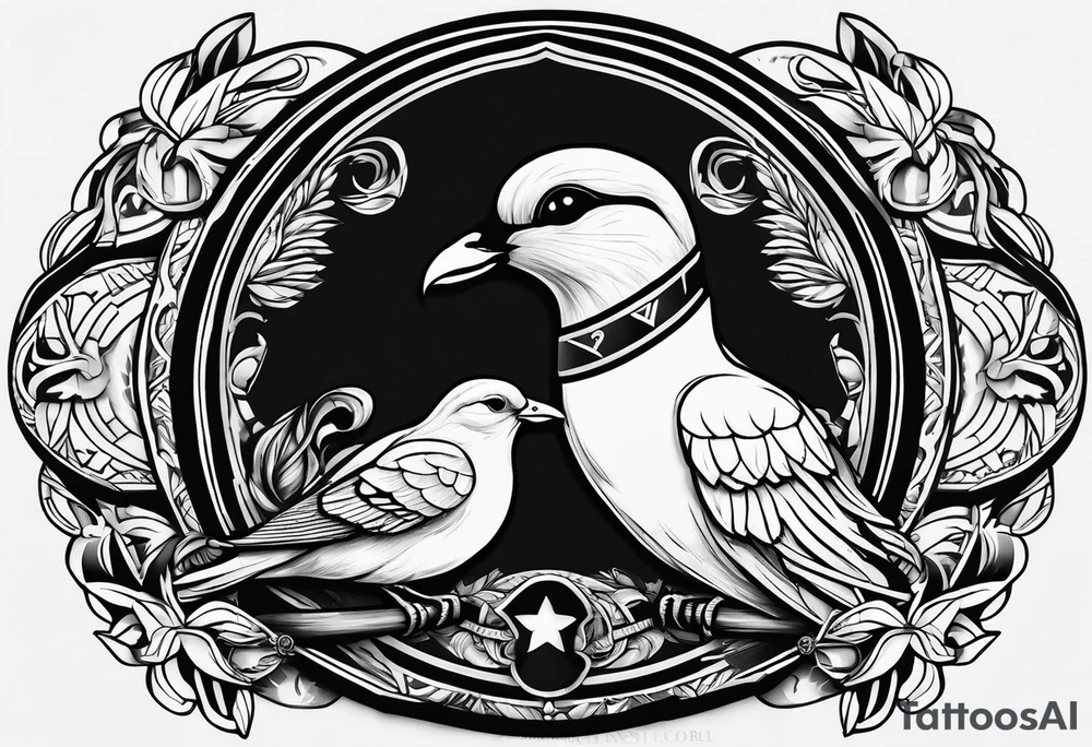 the name 'cassius rafiki mckenzie' written on a shield with a small dove and a bigger dove next to it tattoo idea