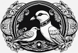 the name 'cassius rafiki mckenzie' written on a shield with a small dove and a bigger dove next to it tattoo idea