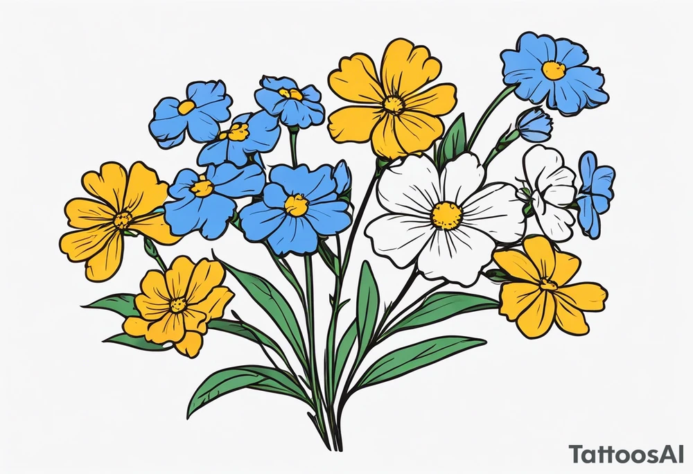 a simplistic bouquet of forget me not flowers, carnation flowers, and aster flowers with a stem that goes into the phrase “papa 09/17/52 - 01/17/24” tattoo idea