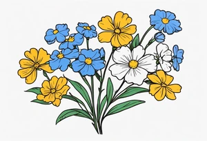 a simplistic bouquet of forget me not flowers, carnation flowers, and aster flowers with a stem that goes into the phrase “papa 09/17/52 - 01/17/24” tattoo idea