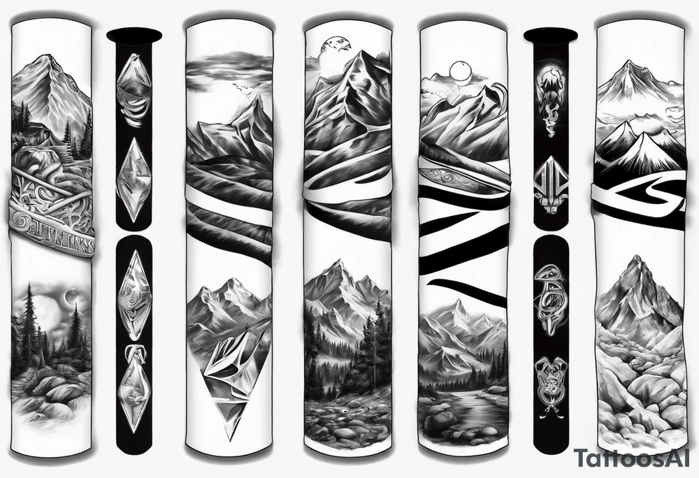 men’s arm sleeve, the name Peters, mountains tattoo idea