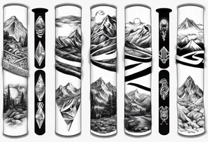 men’s arm sleeve, the name Peters, mountains tattoo idea