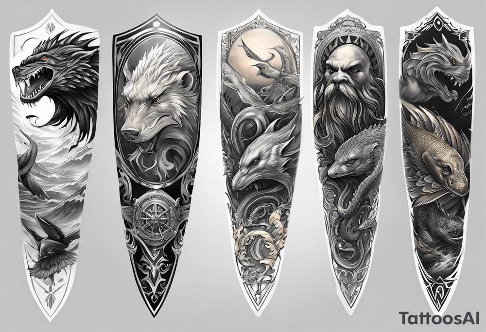 A full sleeve arm tattoo starting with an octopus by the hand going to a great white shark then an angler fish. Forearm will be a Komodo dragon, bull, and wolf. The bicep will be birds with a golden eagle, raven and owl tattoo idea