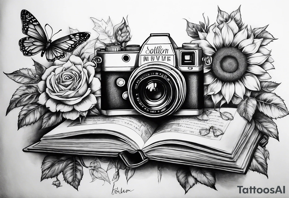 sunflower, camera, flower rose , book, butterfly tattoo idea