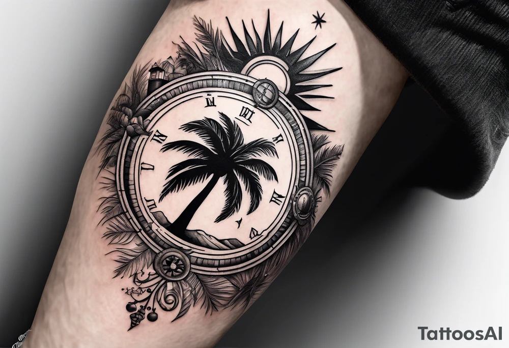 The Map of calabria with a compass sun and palm tree tattoo idea