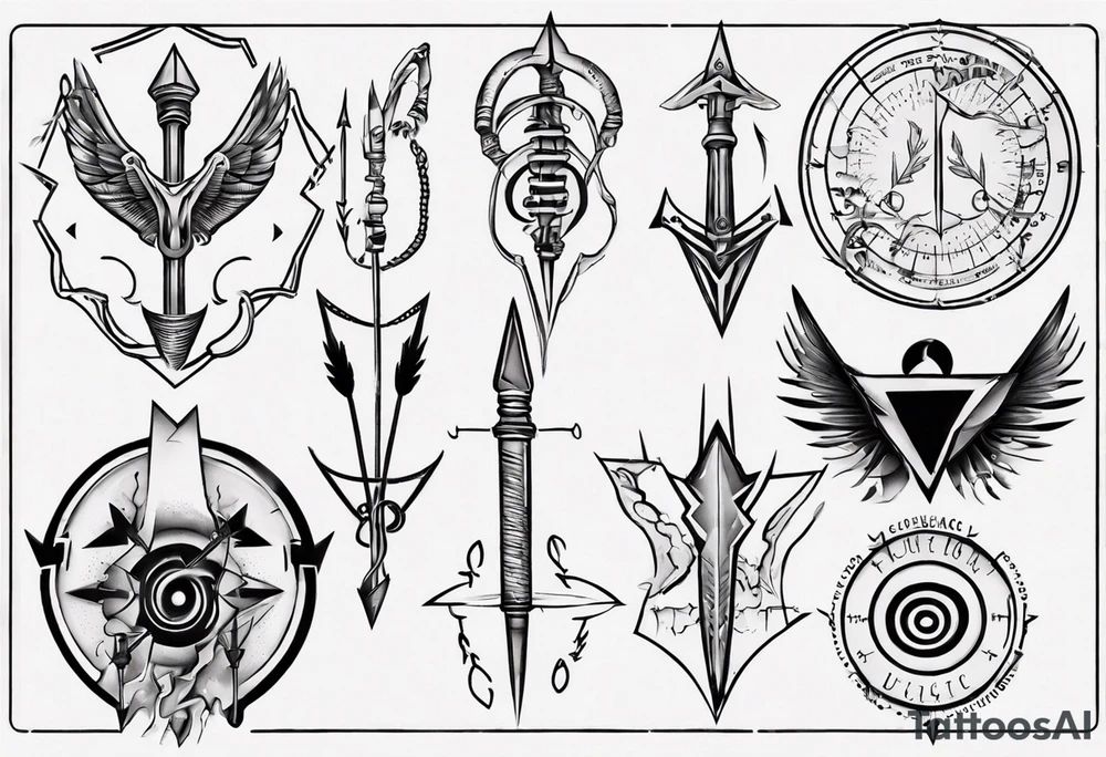 Arrow including symbols for temperance wisdom courage justice tattoo idea