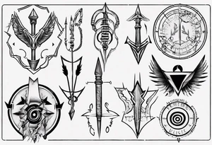 Arrow including symbols for temperance wisdom courage justice tattoo idea
