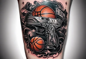 A forearm tattoo that includes a basketball hoop and a cross and a video game controller tattoo idea