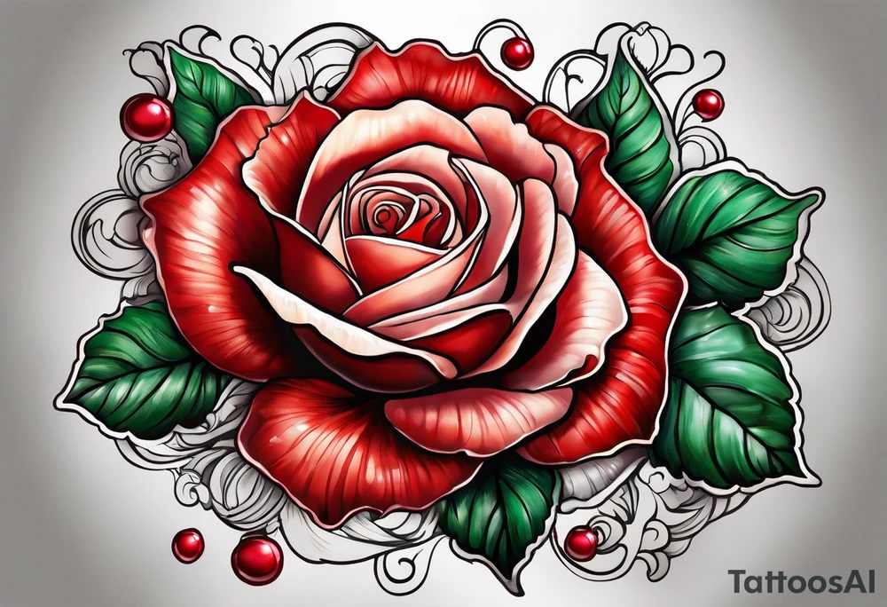 Red rose with seashell and pearls tattoo idea
