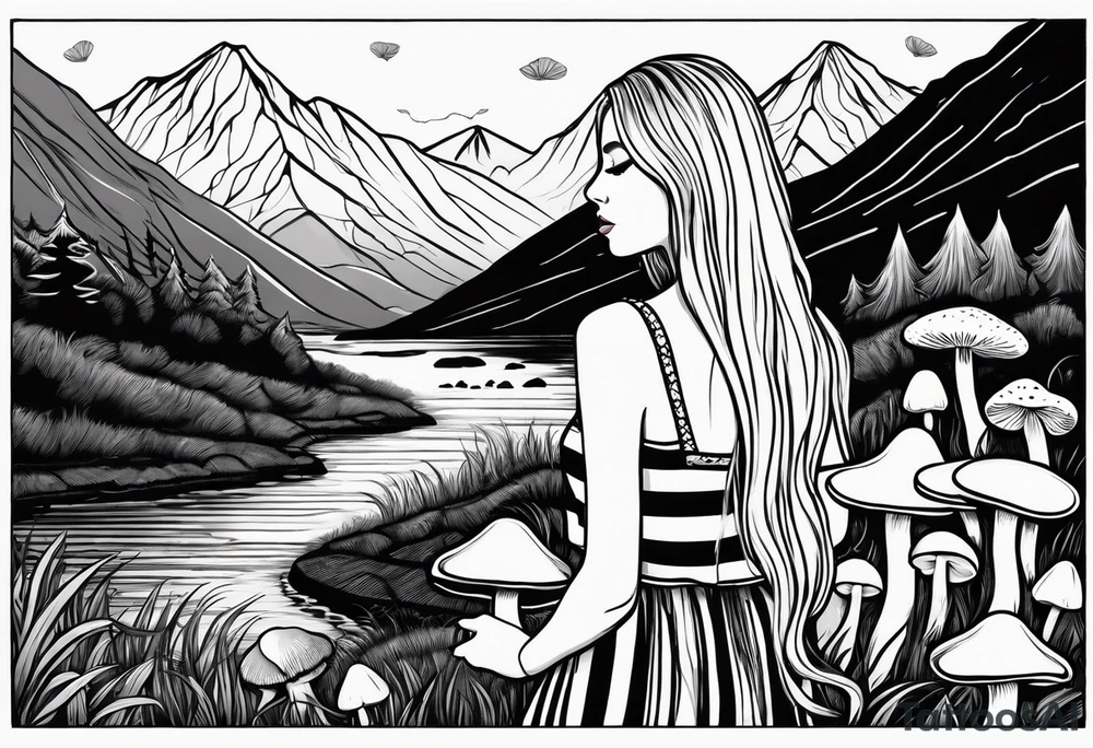 Straight long blonde hair girl in distance holding mushrooms in hand facing away toward mountains and creek surrounded by mushrooms black and white striped dress tattoo idea