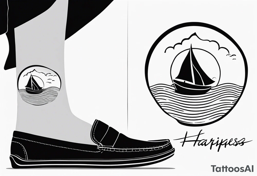 travel tattoo with mantra happiness on ankle elongated with the image of a sea ​​ tattoo idea