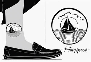 travel tattoo with mantra happiness on ankle elongated with the image of a sea ​​ tattoo idea