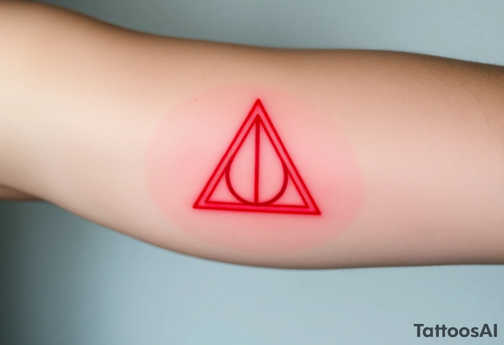 A minimalist Deathly Hallows  full symbol outline in red, creating a mystical, luminescent effect on the skin tattoo idea