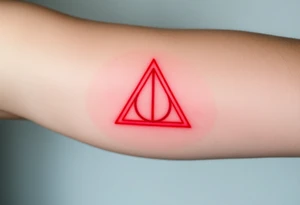 A minimalist Deathly Hallows  full symbol outline in red, creating a mystical, luminescent effect on the skin tattoo idea