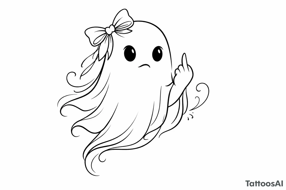 Minimalist line art of a ghost with a bow, giving the finger. tattoo idea