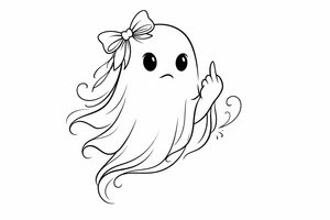 Minimalist line art of a ghost with a bow, giving the finger. tattoo idea