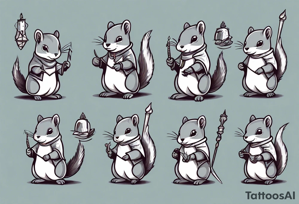 a grey squirrel dressed in a medieval tunic holding a silver narwhal horn tattoo idea