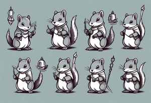 a grey squirrel dressed in a medieval tunic holding a silver narwhal horn tattoo idea