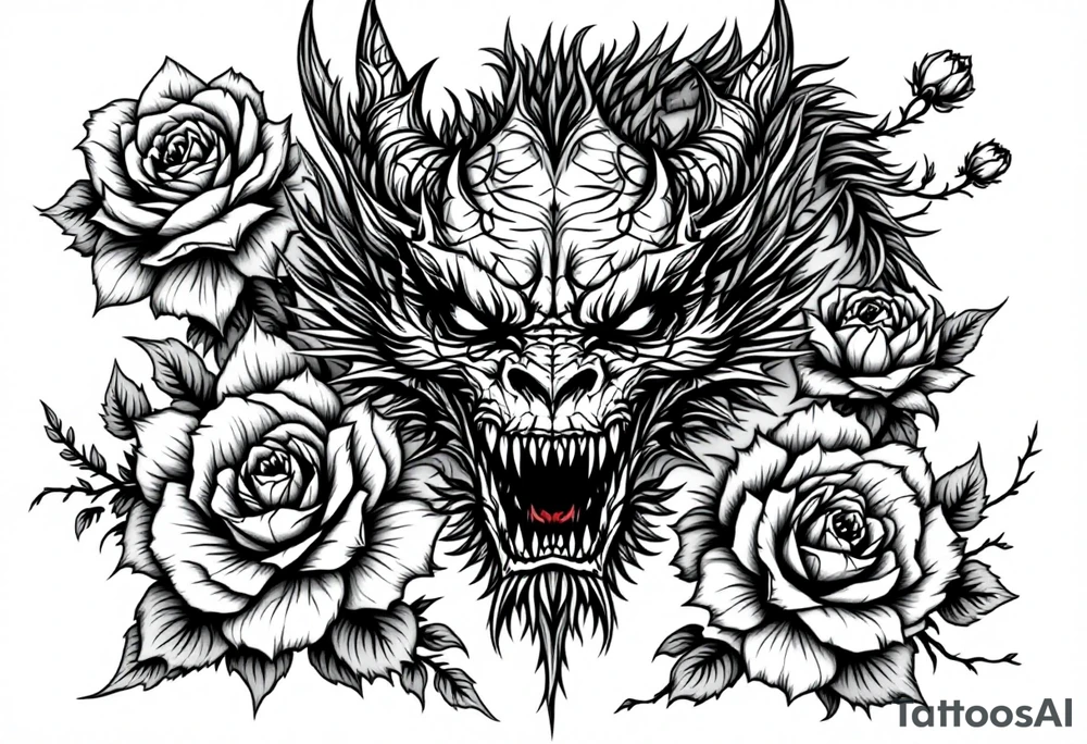 scary dragon face down with flowers tattoo idea