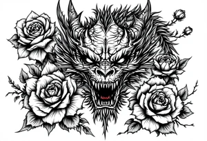scary dragon face down with flowers tattoo idea
