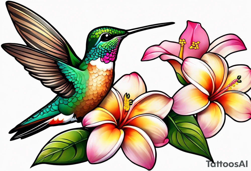 Hummingbird with a plumeria masculine style colorful tattoo idea