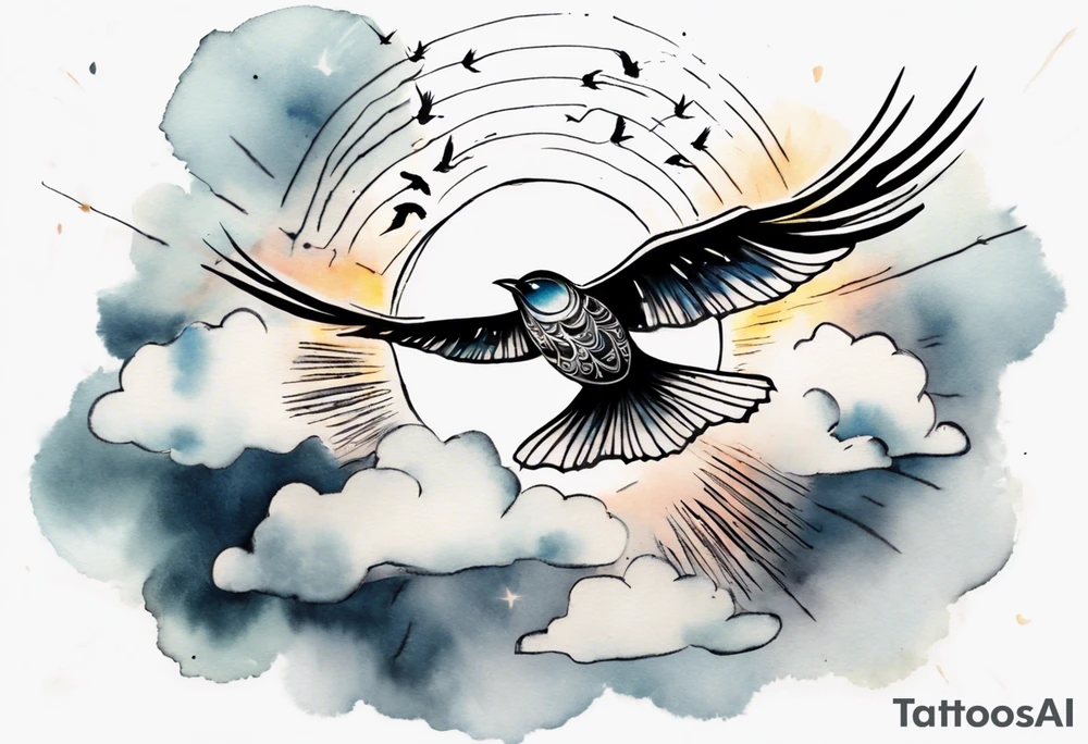 a shoulder tattoo with lots of rays of light in gradient starting from the middle
, clouds and birds flying free tattoo idea
