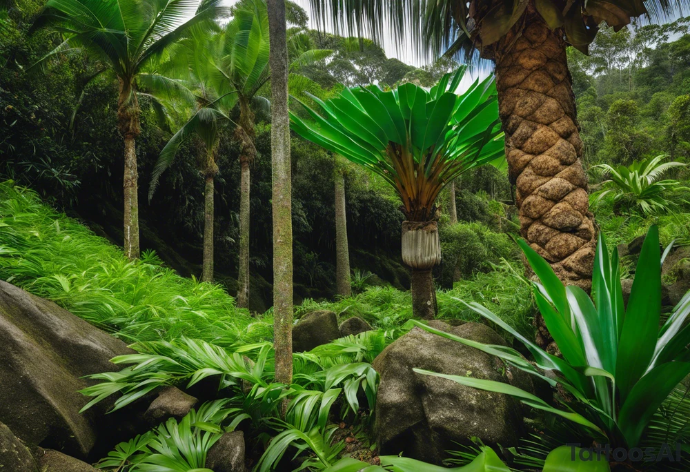A striking Gachala emerald sits at the base of a tall quindio wax palm, which grows resiliently from cracks in rugged, rocky soil. The emerald is the main focal point, symbolizing strength and endurance, while the wax palm, rooted in the soil’s crevices, represents growth and resilience. A small water stream flows gently from the rocks, adding an element of life and nourishment. tattoo idea