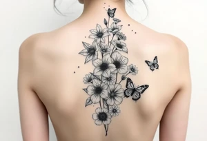 Singular Delphinium, violet, narcissus, rose, daisy bouquet vertically down the spine not connected with butterflies tattoo idea