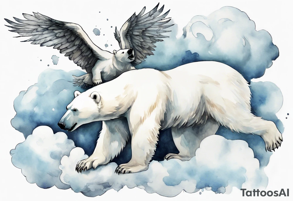 a polar bear with wings, standing on clouds, blowing air from mouth tattoo idea