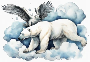 a polar bear with wings, standing on clouds, blowing air from mouth tattoo idea